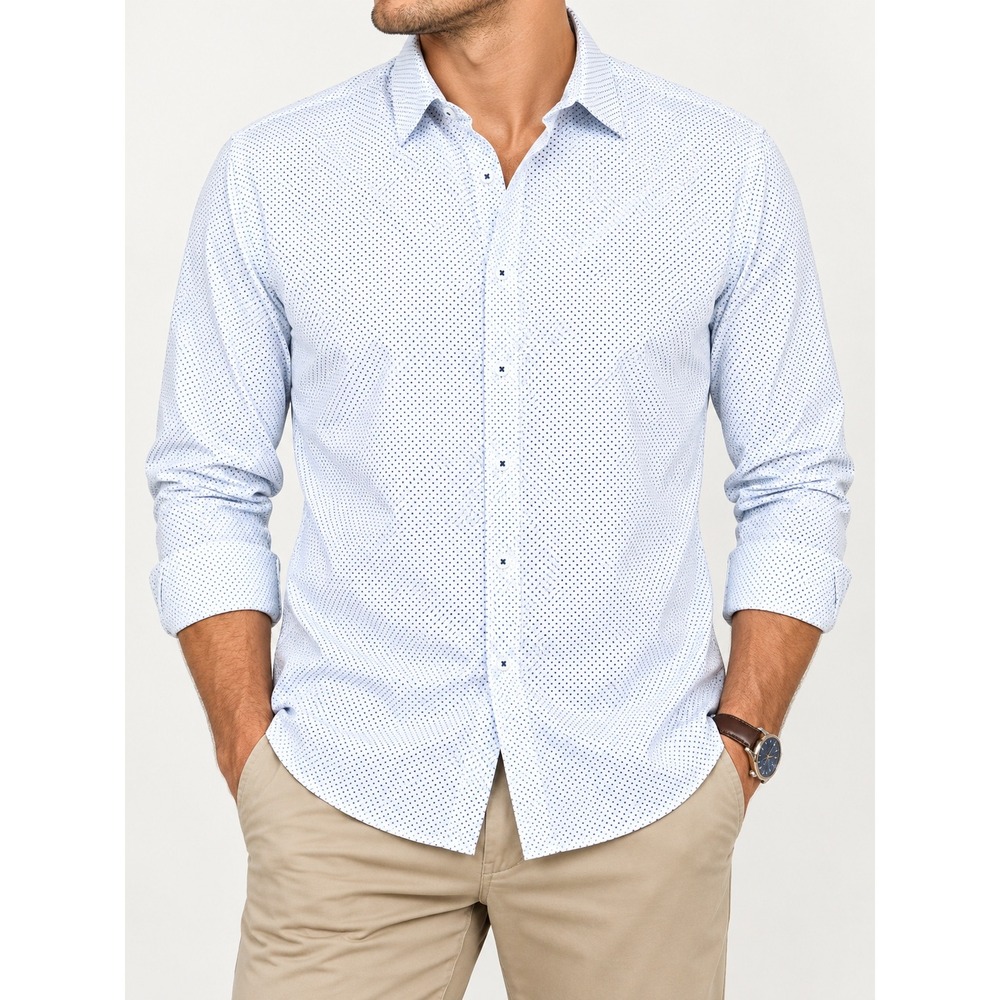 Beverly Hills Polo Club Mens Polka Dot Button Down Shirt Blue White Long Sleeve